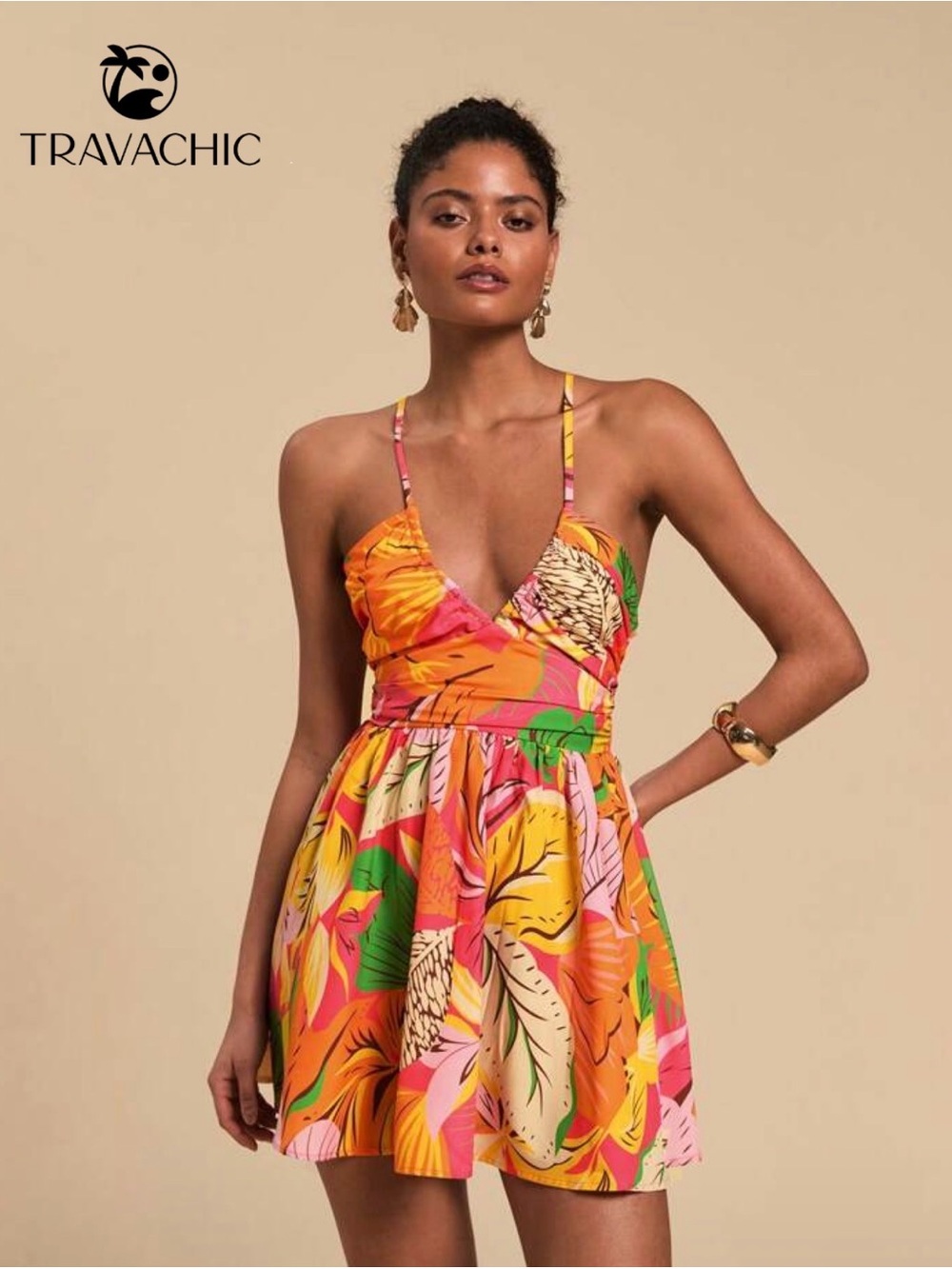 SHEIN Multicolor Tropical Wrap Mini Dress (Pink, Orange, Green, Yellow)